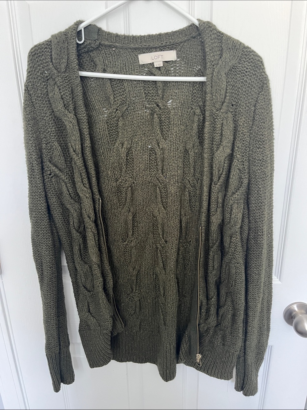LOFT Olive Cable-Knit Zip Cardigan